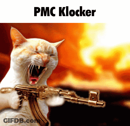 A Cat Is Holding A Gun With The Words Pmc Klocker Above It GIF