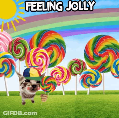 A Cat Is Holding A Lollipop In Front Of A Field Of Lollipops With The Words Feeling Jolly Above It GIF