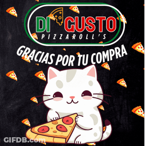 A Cat Is Holding A Slice Of Pizza In Front Of A Di Gusto Pizza Roll 'S Logo GIF