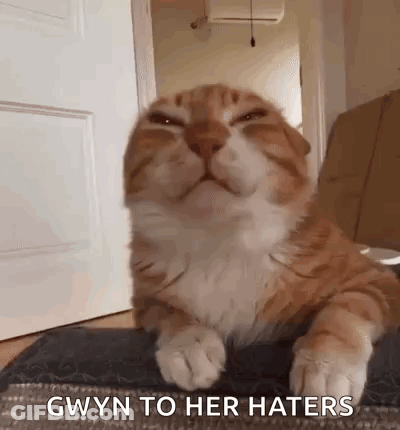A Cat Is Laying Down On A Couch With Its Eyes Closed And A Caption That Says `` Gwyn To Her Haters '' . GIF