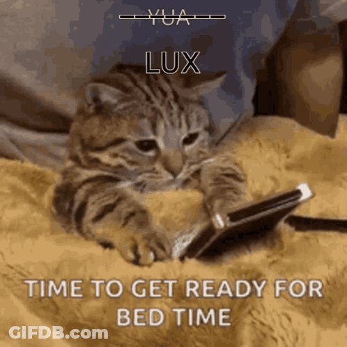 A Cat Is Laying On A Bed Looking At A Cell Phone With The Words Lux Time To Get Ready For Bed Time Written Below It GIF