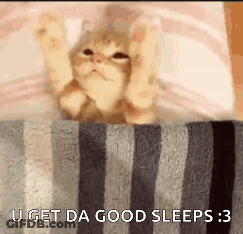 A Cat Is Laying On A Striped Blanket With The Words U Get Da Good Sleeps 3 GIF