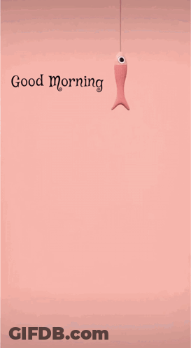 A Cat Is Looking At A Fish Hanging From A String With The Words Good Morning Below It GIF