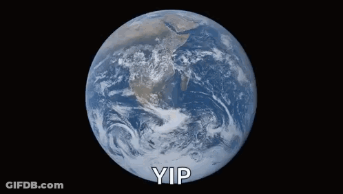 A Cat Is Looking At The Earth With The Words Yip Written In Front Of It GIF
