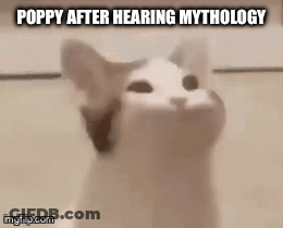 A Cat Is Looking Up At The Camera With The Words Poppy After Hearing Mythology Above It . GIF