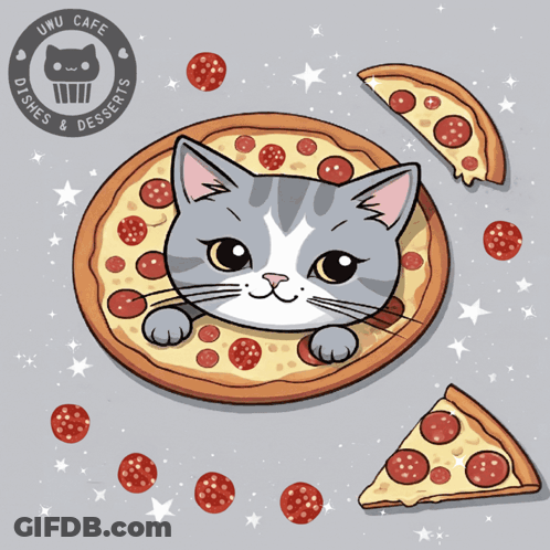 A Cat Is Peeking Out Of A Pepperoni Pizza With The Words " We 'Re Open " On The Bottom GIF