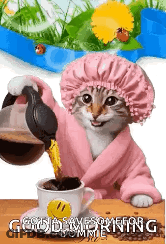 A Cat Is Pouring Coffee Into A Cup While Wearing A Bathrobe And Shower Cap . GIF
