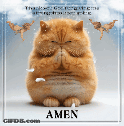 A Cat Is Praying With The Words Thank You God For Giving Me Strength To Keep Going Behind It GIF