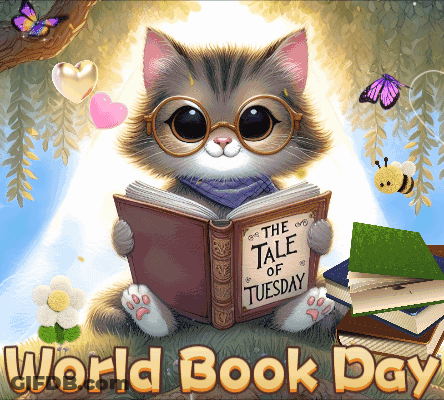 A Cat Is Reading The Tale Of Tuesday On World Book Day GIF