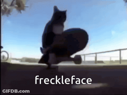 A Cat Is Riding A Skateboard With The Words Freckleface Written Below It GIF