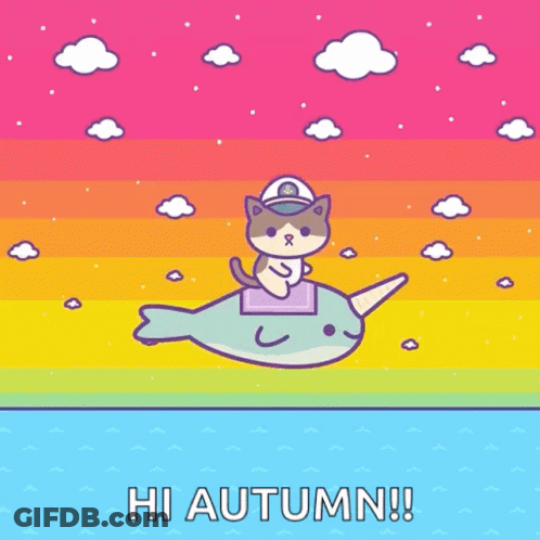 A Cat Is Riding On The Back Of A Narwhal With The Words Hi Autumn Written Below It GIF