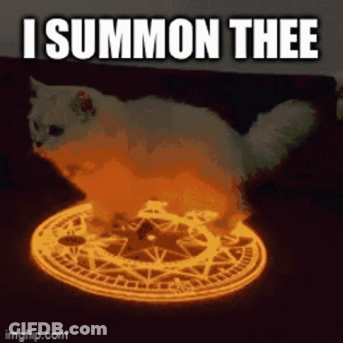 A Cat Is Sitting In A Circle Of Fire With The Words " I Summon Thee " Written Above It GIF