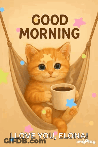 A Cat Is Sitting In A Hammock Holding A Cup Of Coffee And Saying Good Morning . GIF