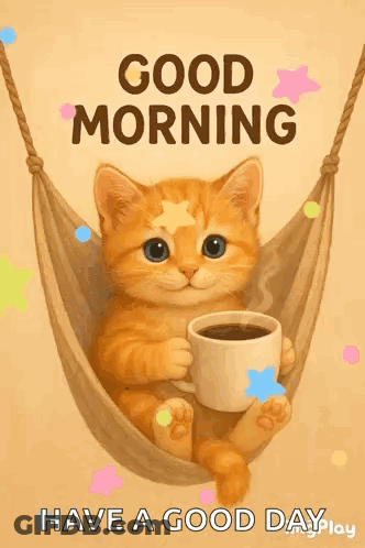 A Cat Is Sitting In A Hammock Holding A Cup Of Coffee And Saying Good Morning . GIF