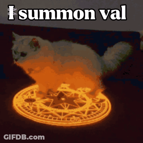 A Cat Is Sitting In A Magical Circle With The Words " I Summon Val " On The Bottom GIF
