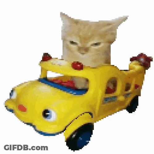 A Cat Is Sitting In A Yellow Toy Bus GIF