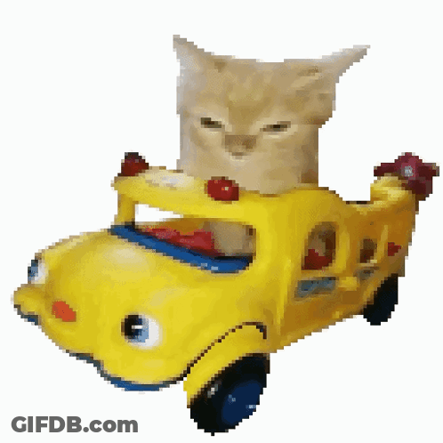 A Cat Is Sitting In A Yellow Toy Car GIF