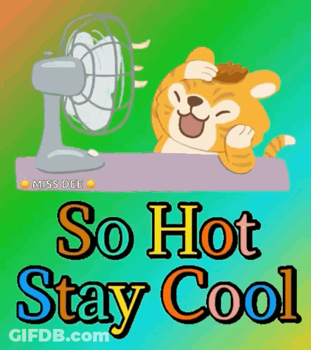A Cat Is Sitting In Front Of A Fan With The Words `` So Hot Stay Cool '' Written Below It . GIF