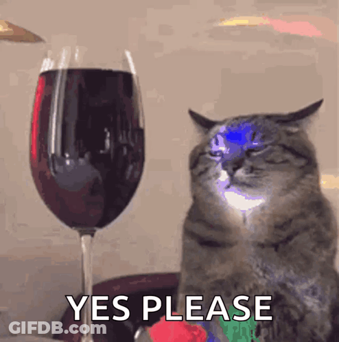 A Cat Is Sitting In Front Of A Glass Of Red Wine And Says " Yes Please " GIF