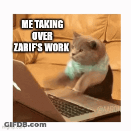 A Cat Is Sitting In Front Of A Laptop With The Caption Me Taking Over Zarif 'S Work GIF