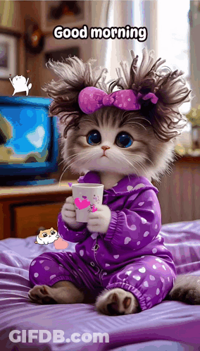 A Cat Is Sitting On A Bed Holding A Cup Of Coffee And Saying Good Morning GIF