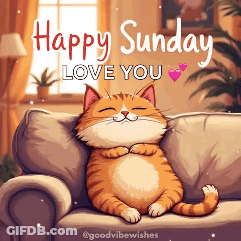 A Cat Is Sitting On A Couch With The Words `` Happy Sunday Love You '' Written On It . GIF