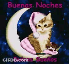 A Cat Is Sitting On A Crescent Moon With The Words Buenas Noches Dulces Suenos Written Below It GIF
