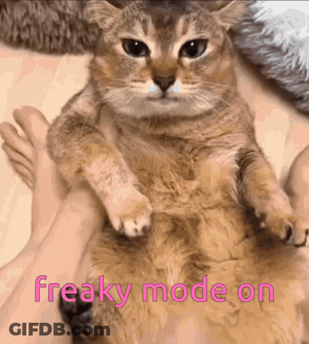 A Cat Is Sitting On A Person 'S Lap With The Words Freaky Mode On Written On The Bottom GIF