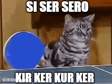 A Cat Is Sitting On A Ping Pong Table With A Blue Ball And The Words Si Ser Sero Kir Ker Kur Ker Below It GIF