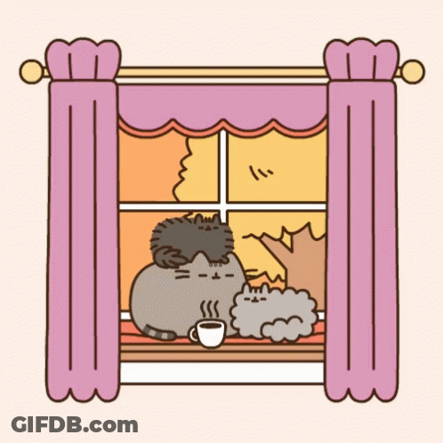 A Cat Is Sitting On A Window Sill With A Cup Of Coffee And A Dog . GIF