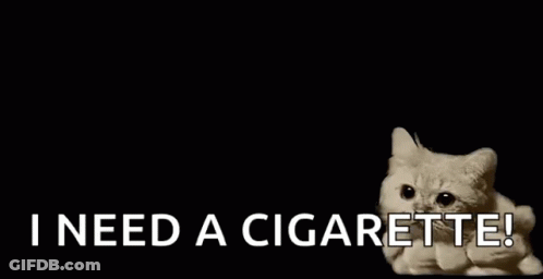 A Cat Is Sitting On Top Of A Cloud Of Smoke And Says `` I Need A Cigarette ! '' GIF