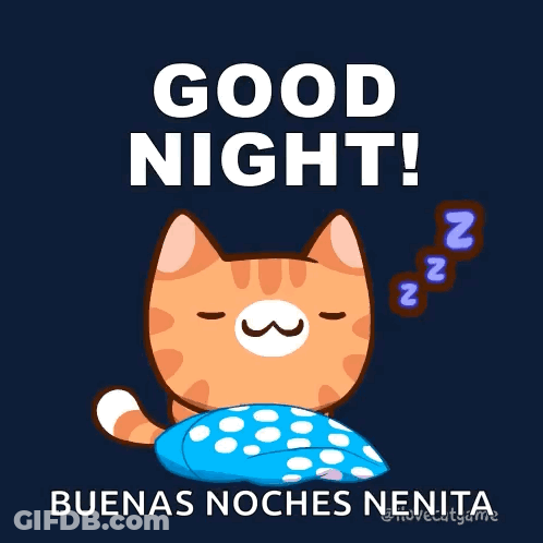 A Cat Is Sleeping On A Blue Pillow With The Words Good Night In White Letters GIF