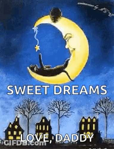 A Cat Is Sleeping On A Crescent Moon With A Star On It . GIF