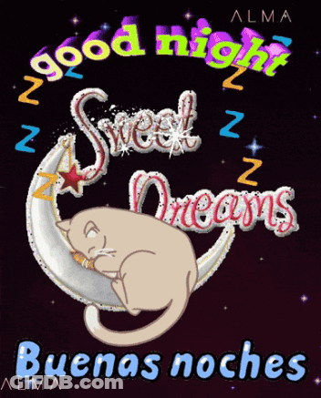 A Cat Is Sleeping On A Crescent Moon With The Words Good Night Sweet Dreams Written Above It GIF