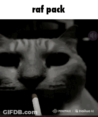 A Cat Is Smoking A Cigarette In A Black And White Photo With A Caption That Says Raf Pack . GIF