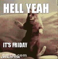 A Cat Is Standing On Its Hind Legs With The Words Hell Yeah It 'S Friday GIF