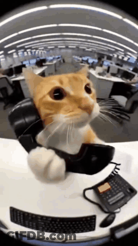 A Cat Is Talking On A Telephone While Sitting At A Desk . GIF