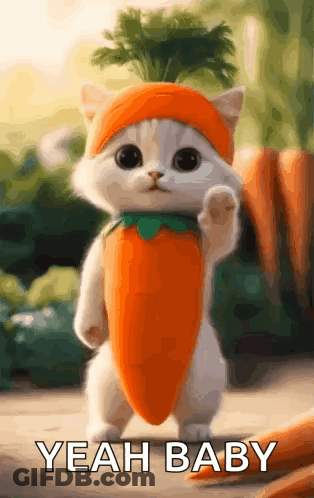 A Cat Is Wearing A Carrot Hat And Holding A Carrot . GIF