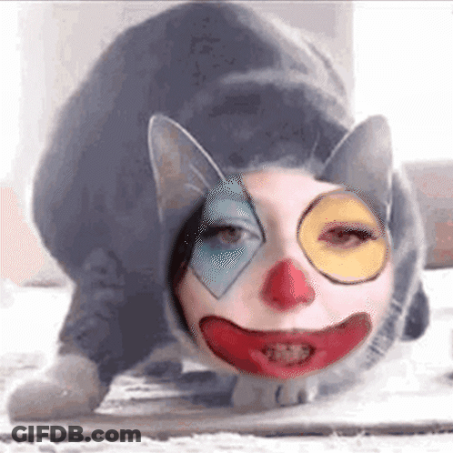 A Cat Is Wearing A Clown Costume With A Red Nose And Yellow Eyes GIF