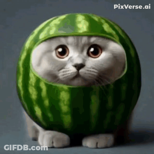 A Cat Is Wearing A Watermelon Costume With Pixverse.ai In The Corner GIF