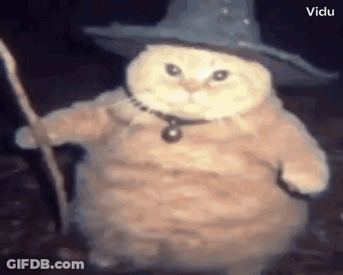 A Cat Is Wearing A Wizard Hat And Holding A Staff . GIF