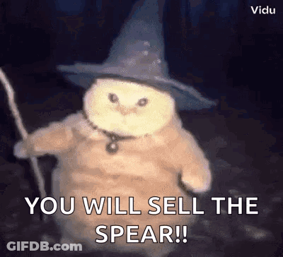A Cat Is Wearing A Wizard Hat And Holding A Wand And Says `` You Will Sell The Spear '' . GIF