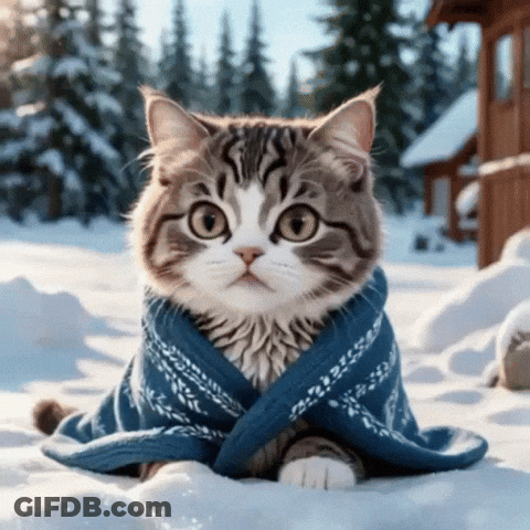 A Cat Is Wrapped In A Blue Blanket And Laying In The Snow GIF