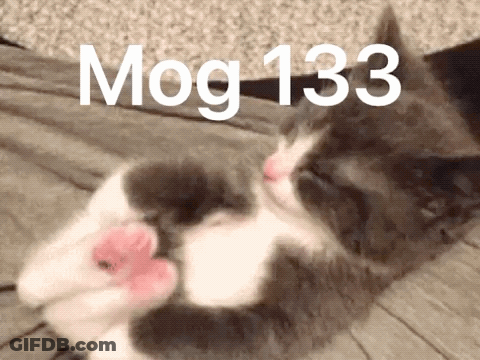 A Cat Laying On A Bed With The Words Mog 133 Written On The Bottom GIF