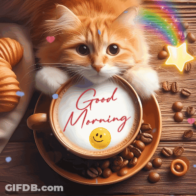 A Cat Laying On Top Of A Cup Of Coffee With The Words Good Morning Written On It GIF