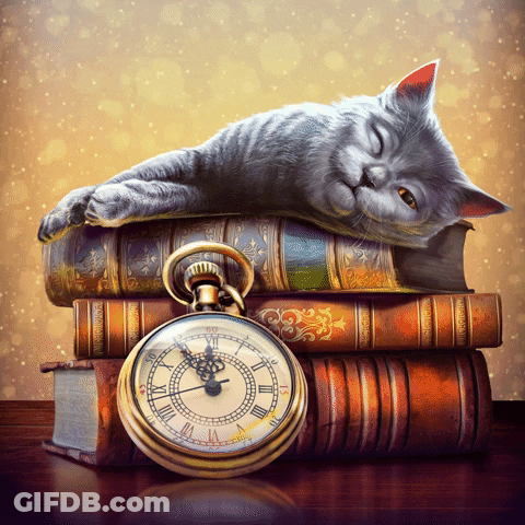 A Cat Laying On Top Of A Stack Of Books Next To A Pocket Watch With Roman Numerals GIF
