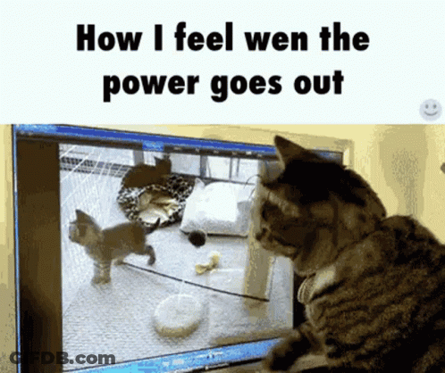 A Cat Looking Out A Window With The Words How I Feel Wen The Power Goes Out On The Bottom GIF