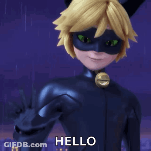 A Cat Noir Cartoon Character Says Hello In A Purple Background GIF