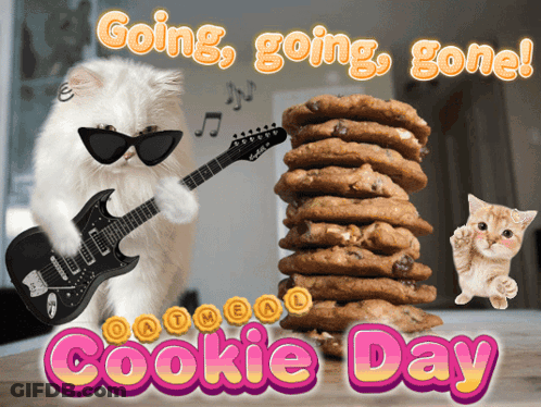 A Cat Playing A Guitar Next To A Stack Of Cookies With The Words Cookie Day Below It GIF