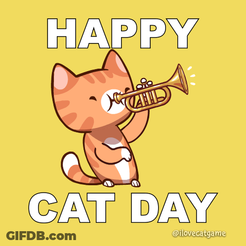 A Cat Playing A Trumpet With The Words Happy Cat Day GIF